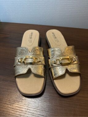 Life Stride Metallic Gold Slide Mules with Chain Accent